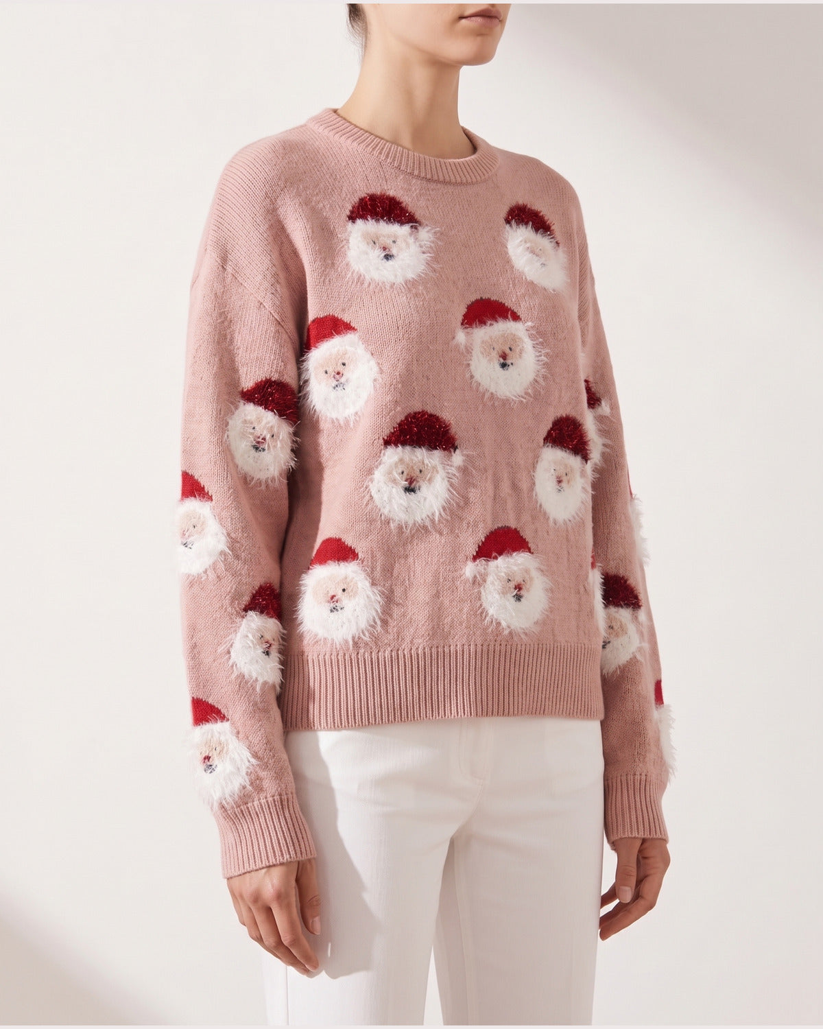 Cute Fuzzy Santa Christmas Pullover Sweater - side view (Dusty Pink)