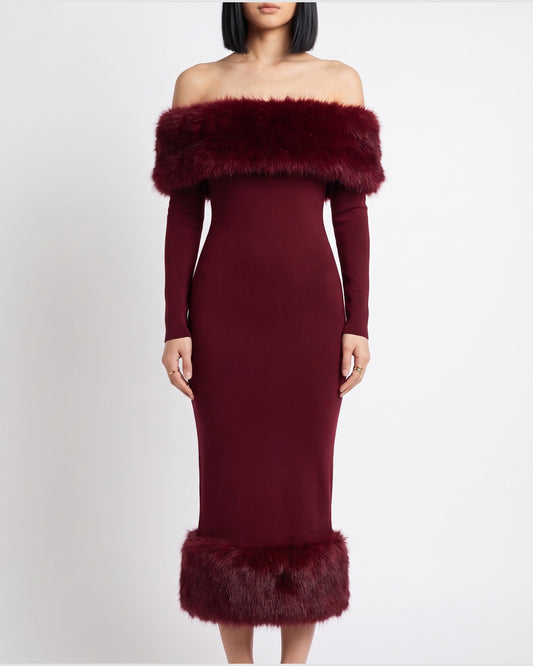 Faux Fur Trim Winter Formal Dress With Long Sleeves in Wine Red