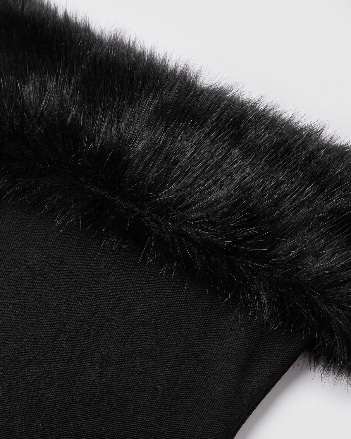 Faux Fur Trim Winter Formal Dress With Long Sleeves - close-up detail (Black)