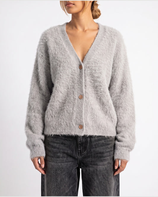 Fuzzy Oversized V Neck Cardigan Sweater in Light Grey