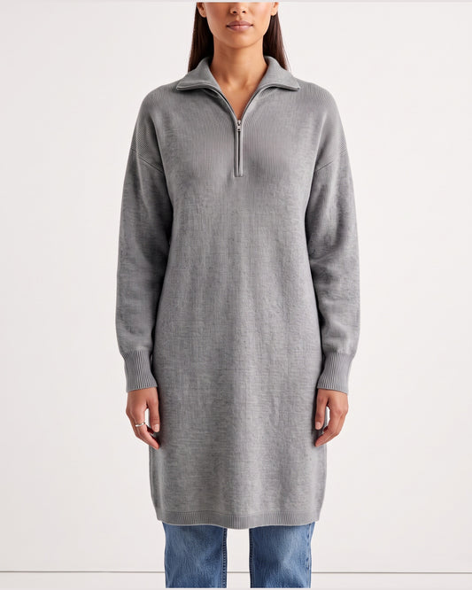 Half Zip Ribbed Long Sweater Dress With Stand Collar in Grey