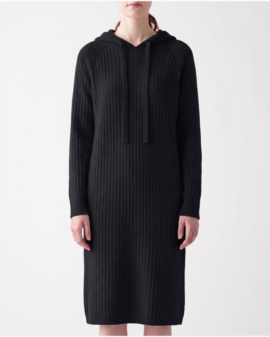 Hooded Ribbed Midi Sweater Dress With Drawstring in Black
