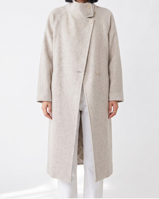 Long Winter Wrap Coat With Stand Collar and Belt in Oatmeal