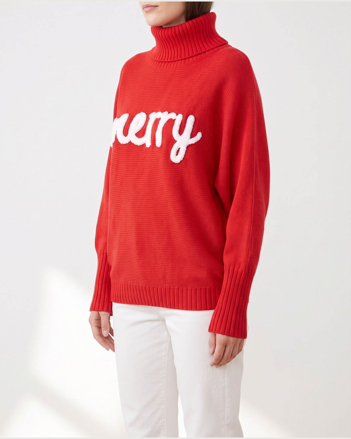 Merry Script Oversized Christmas Turtleneck Sweater - side view (Red)