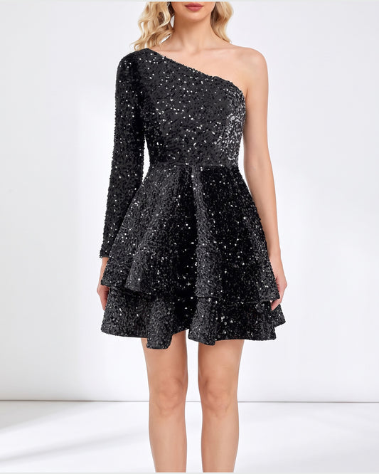 One Shoulder Sequin Mini Cocktail Dress With Tiered Ruffles in Black