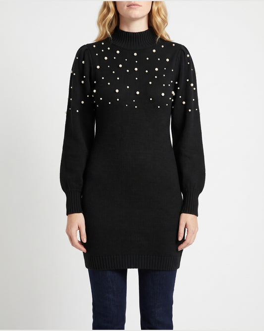 Pearl Puff Sleeve Bodycon Mini Sweater Dress in Black