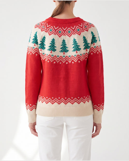 Red Christmas Tree Fair Isle Sweater With Crew Neck - back view (Red With Cream And Green Yoke)