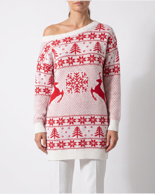Reindeer Fair Isle Christmas Sweater Dress With Off Shoulder Neckline in White With Red Pattern