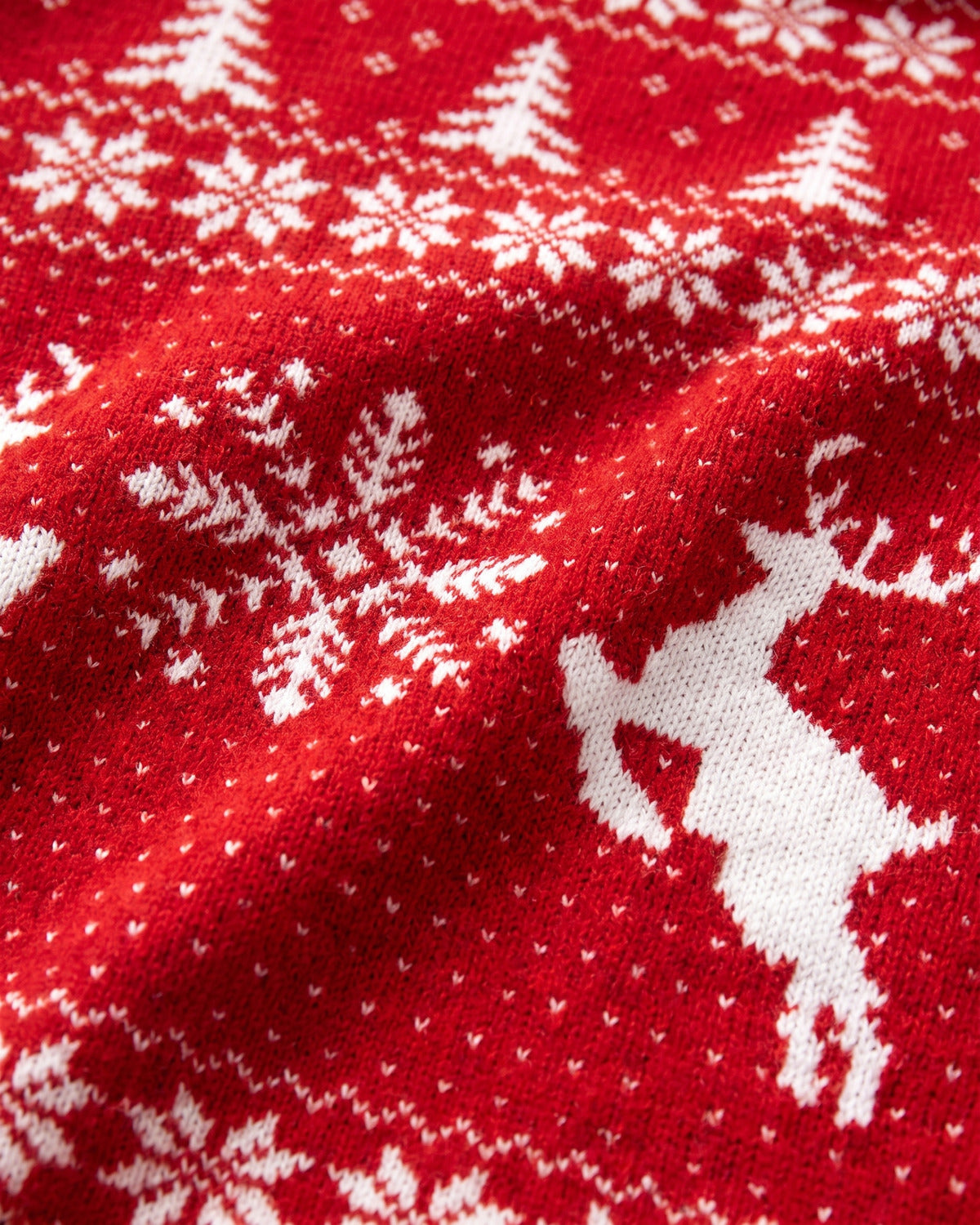 Reindeer Fair Isle Christmas Sweater Dress With Off Shoulder Neckline - close-up detail (Red With White Pattern)