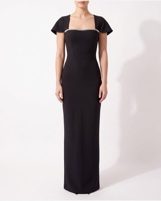 Rhinestone Square Neck Formal Maxi Dress With Cap Sleeves in Black