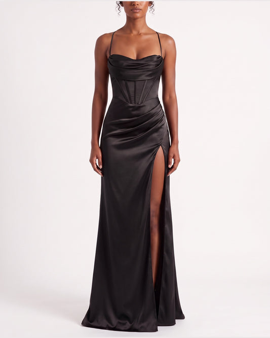 Satin Corset Maxi Holiday Party Dress With Thigh Slit in Black