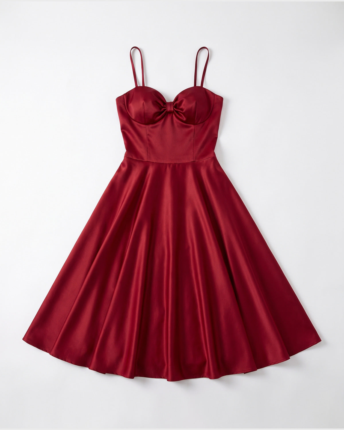 Satin Sweetheart Holiday Party Midi Dress With Spaghetti Straps - flat lay (Deep Red)