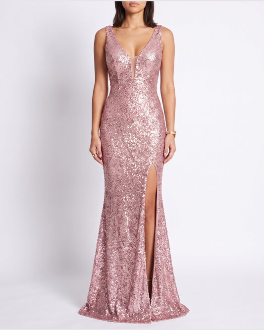 Sequin Mermaid Winter Formal Dress With Thigh Slit in Pink