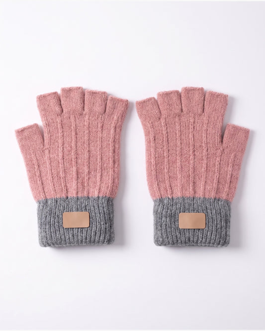Two Tone Knit Fingerless Gloves With Ribbed Cuff in Pink With Grey Cuff