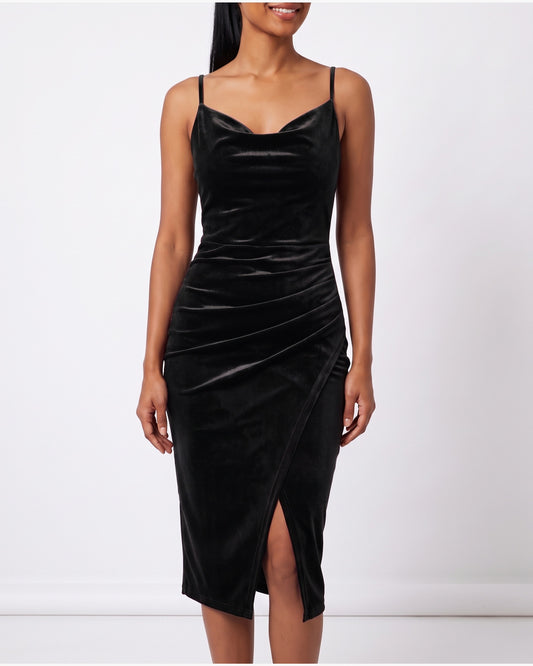 Velvet Cowl Neck Midi Dress With Spaghetti Straps and Slit in Black