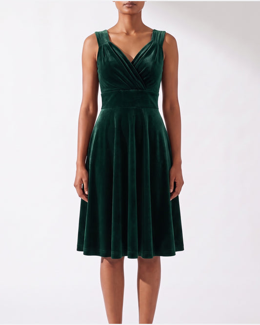 Velvet Fit and Flare Midi Dress With V Neck in Dark Green