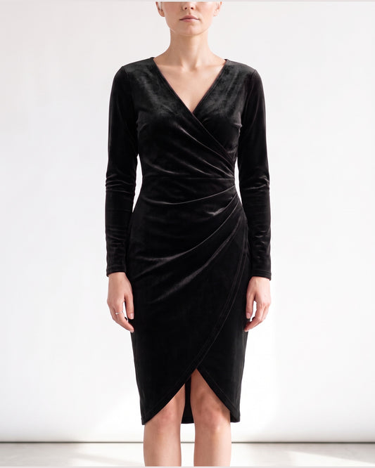 Velvet Wrap Midi Dress With Long Sleeves and V Neck in Black