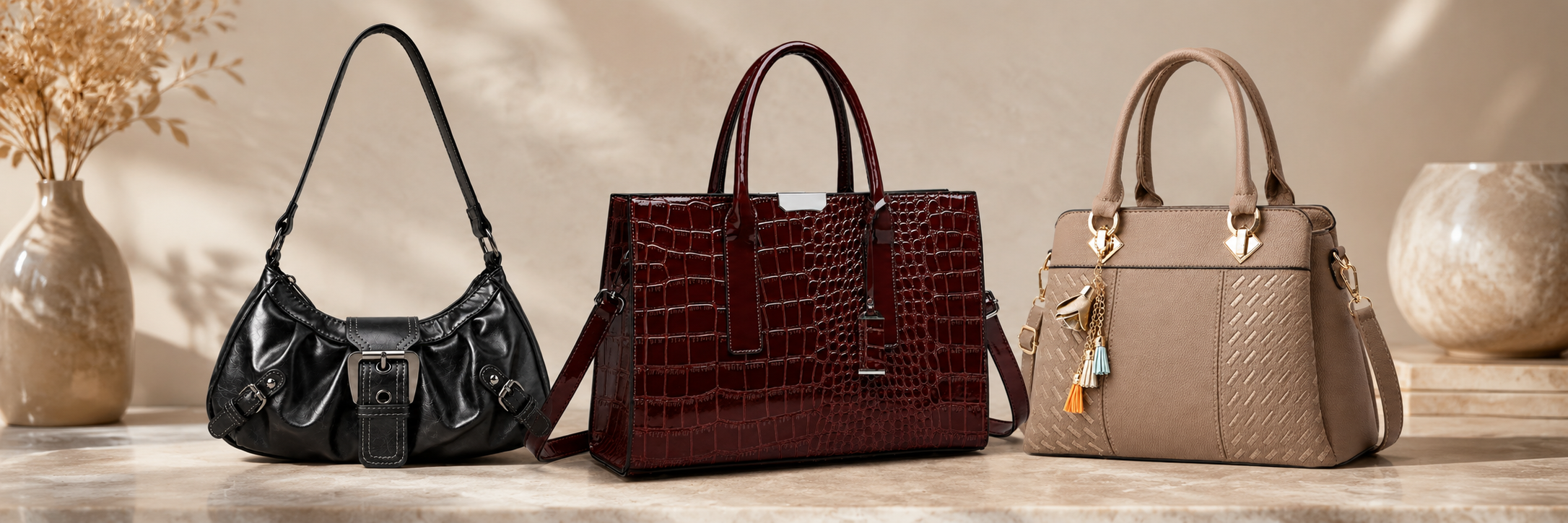 Three Arivon handbags — a black shoulder bag, a burgundy crocodile-pattern tote, and a taupe handbag — arranged on an ivory background
