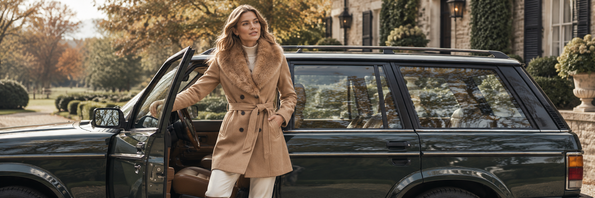Woman in a camel belted coat with faux-fur collar beside a dark green car