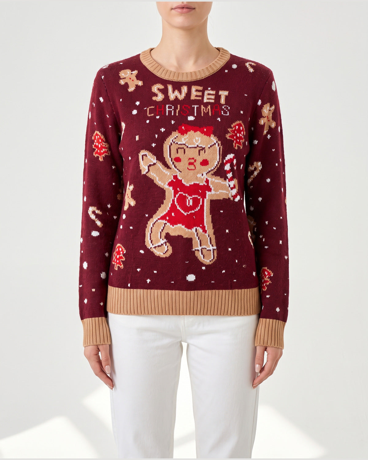 Burgundy Gingerbread Crew Neck Christmas Sweater in Burgundy