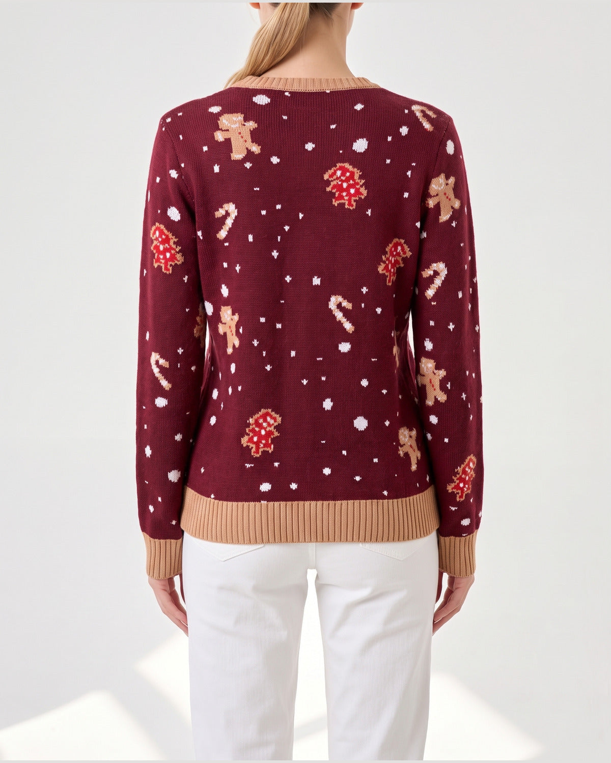 Burgundy Gingerbread Crew Neck Christmas Sweater - back view (Burgundy)