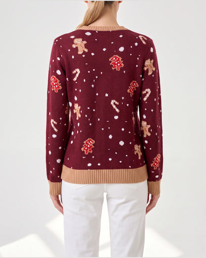 Burgundy Gingerbread Crew Neck Christmas Sweater - back view (Burgundy)