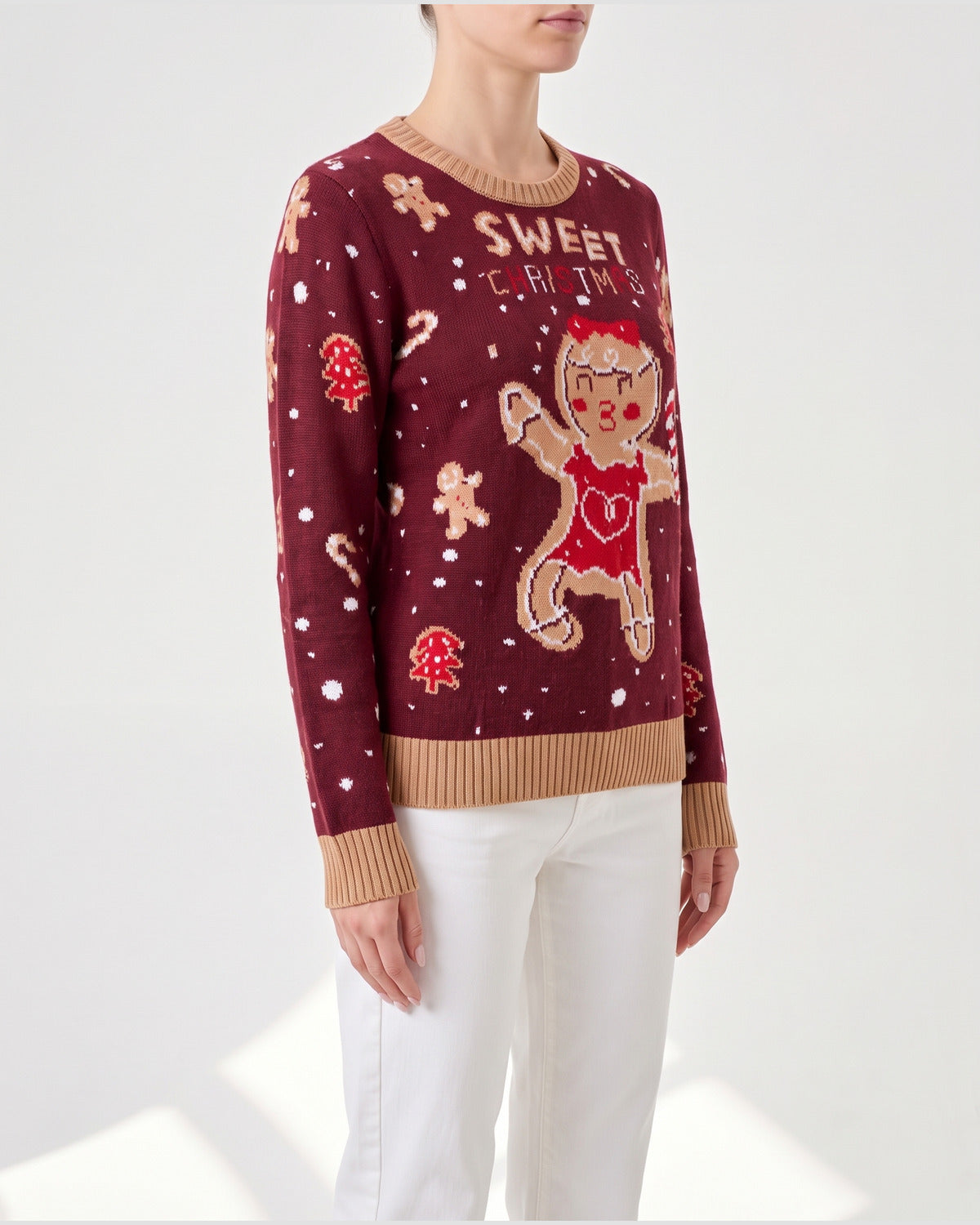 Burgundy Gingerbread Crew Neck Christmas Sweater - side view (Burgundy)
