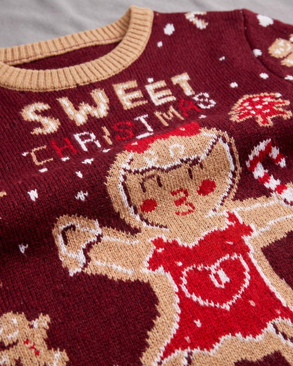 Burgundy Gingerbread Crew Neck Christmas Sweater - close-up detail (Burgundy)