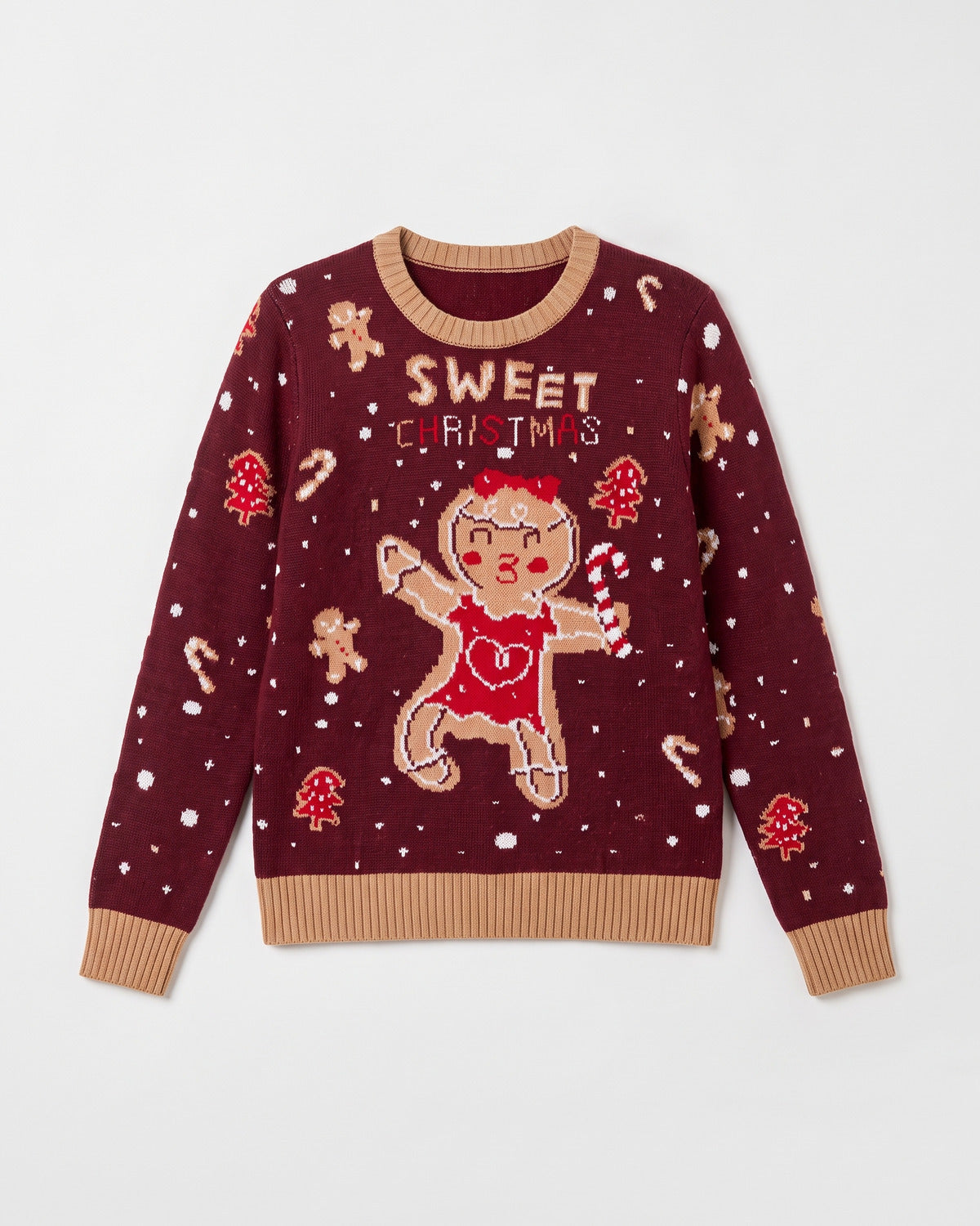 Burgundy Gingerbread Crew Neck Christmas Sweater - flat lay (Burgundy)