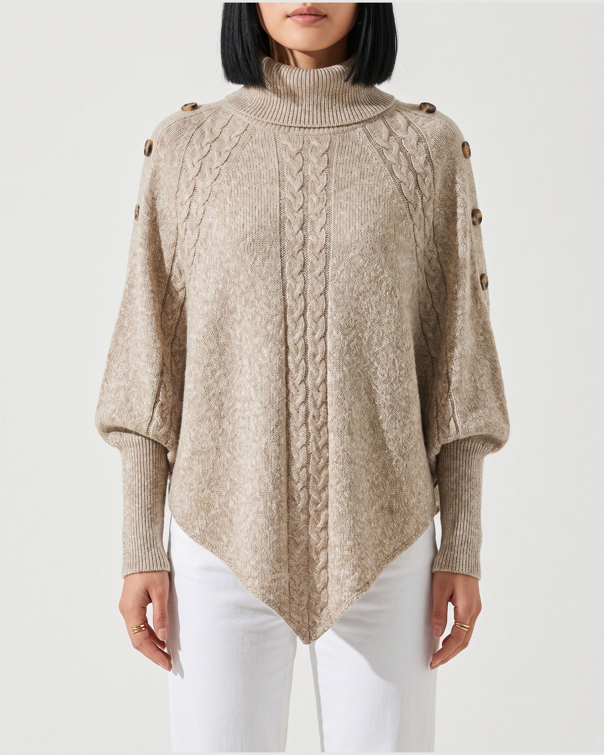 Cable Knit Turtleneck Poncho Sweater With Button Shoulders in Khaki Oatmeal