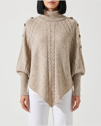 Cable Knit Turtleneck Poncho Sweater With Button Shoulders in Khaki Oatmeal