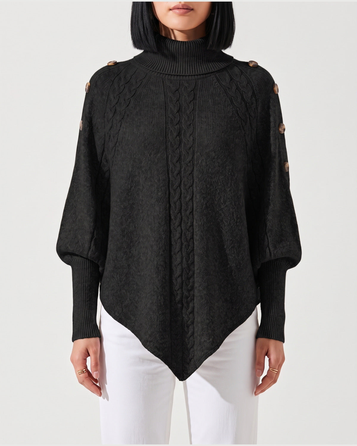 Cable Knit Turtleneck Poncho Sweater With Button Shoulders in Black