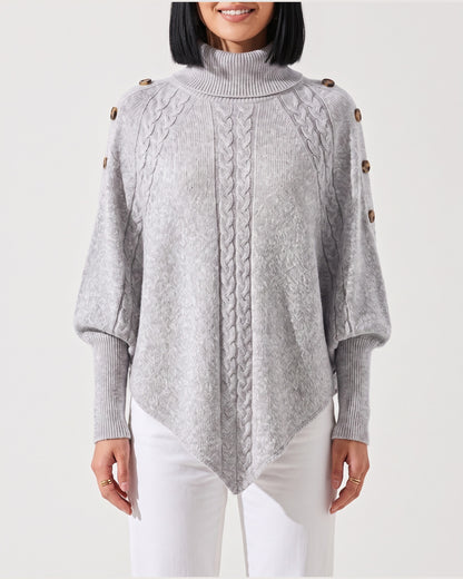 Cable Knit Turtleneck Poncho Sweater With Button Shoulders in Light Grey