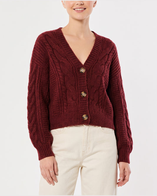 Cable Knit V Neck Cropped Cardigan Sweater in Burgundy Red