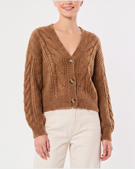 Cable Knit V Neck Cropped Cardigan Sweater in Camel Brown