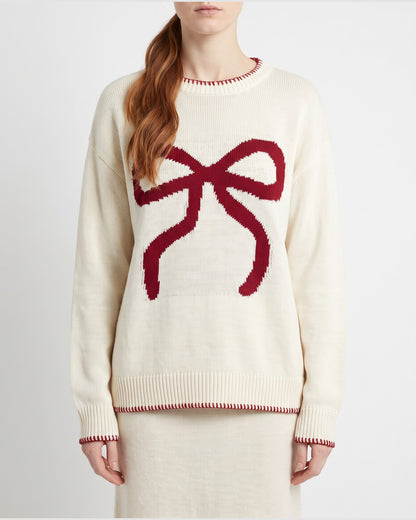 Cute Bow Knit Crew Neck Sweater in Off-white With Red Bow