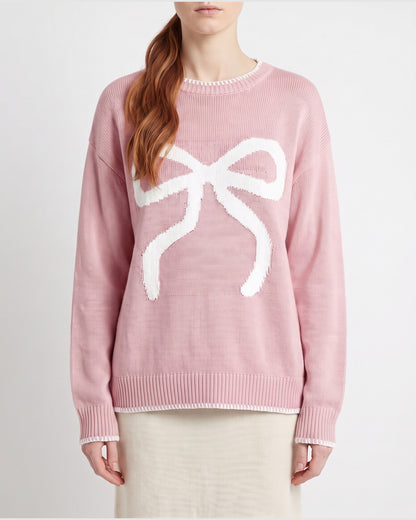 Cute Bow Knit Crew Neck Sweater in Pink With White Bow