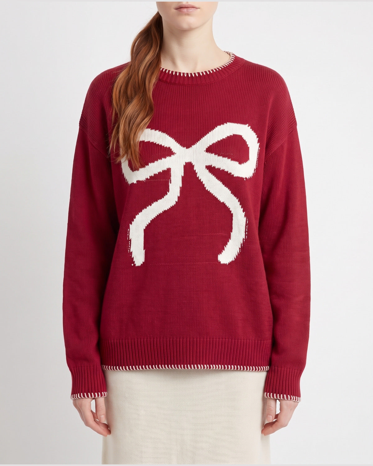 Cute Bow Knit Crew Neck Sweater in Red With White Bow