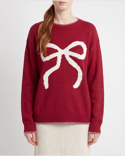 Cute Bow Knit Crew Neck Sweater in Red With White Bow