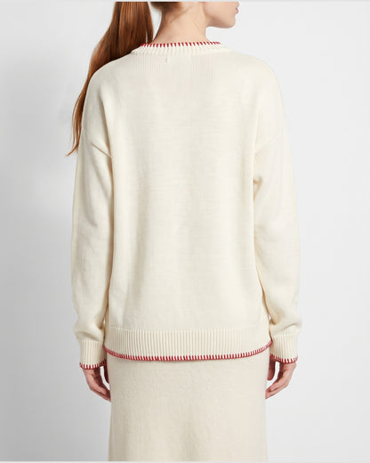 Cute Bow Knit Crew Neck Sweater - back view (Off-white With Red Bow)