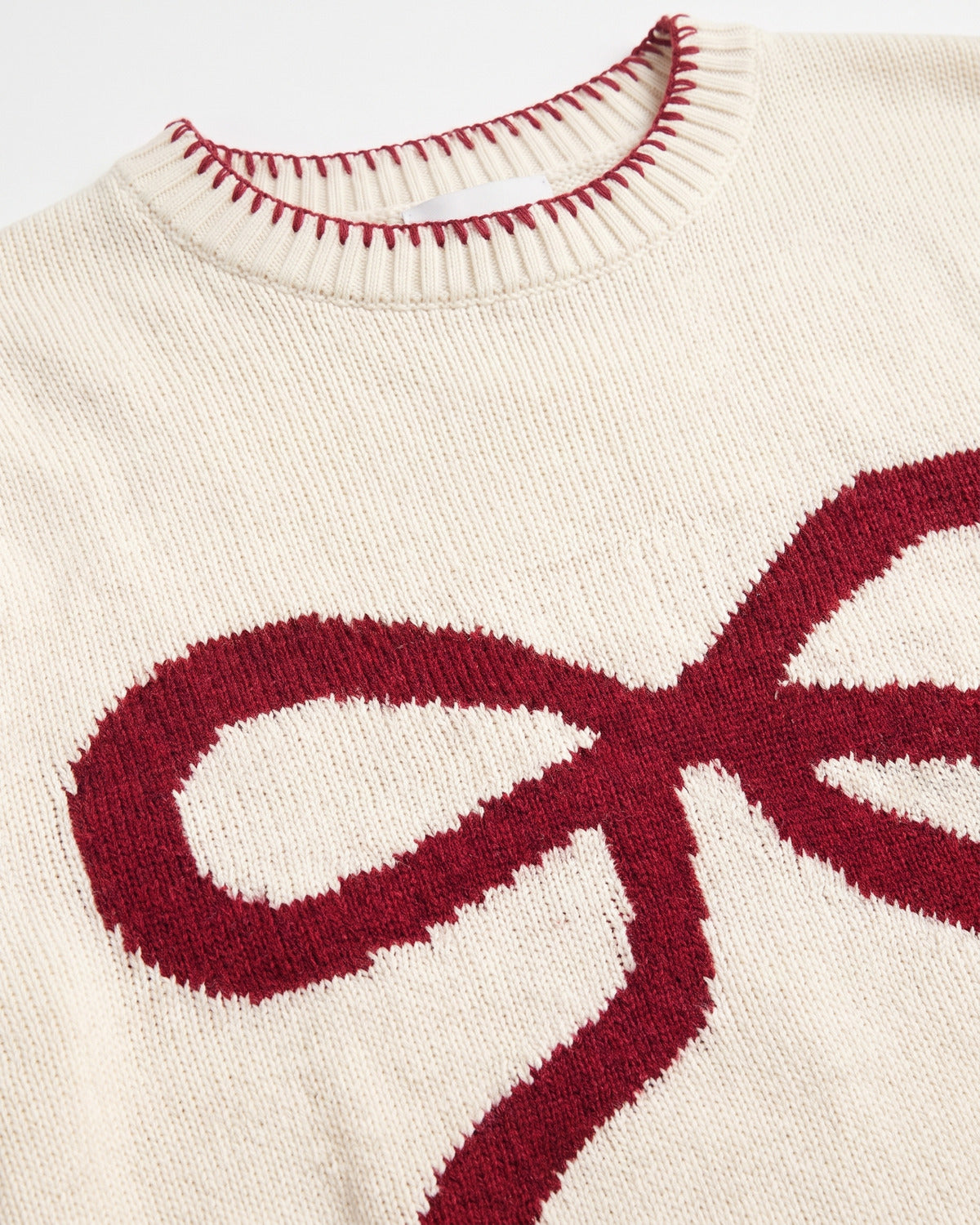 Cute Bow Knit Crew Neck Sweater - close-up detail (Off-white With Red Bow)