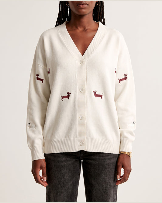 Cute Dachshund Embroidered V Neck Cardigan Sweater in Off-white