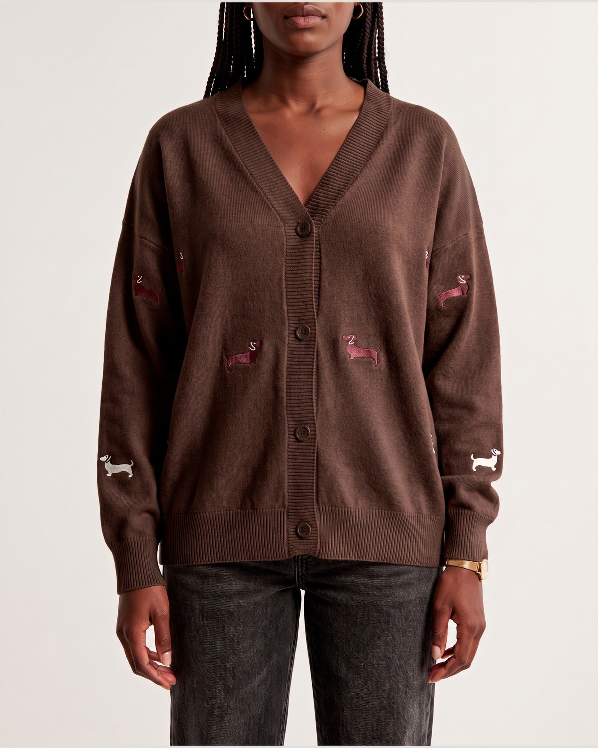 Cute Dachshund Embroidered V Neck Cardigan Sweater in Coffee Brown