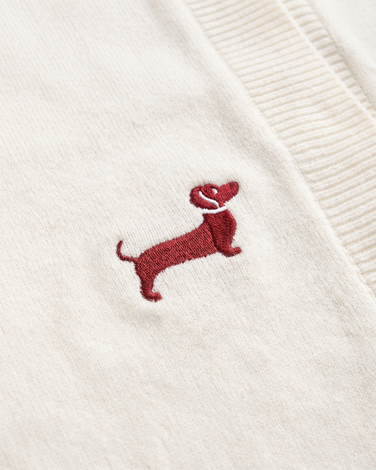 Cute Dachshund Embroidered V Neck Cardigan Sweater - close-up detail (Off-white)