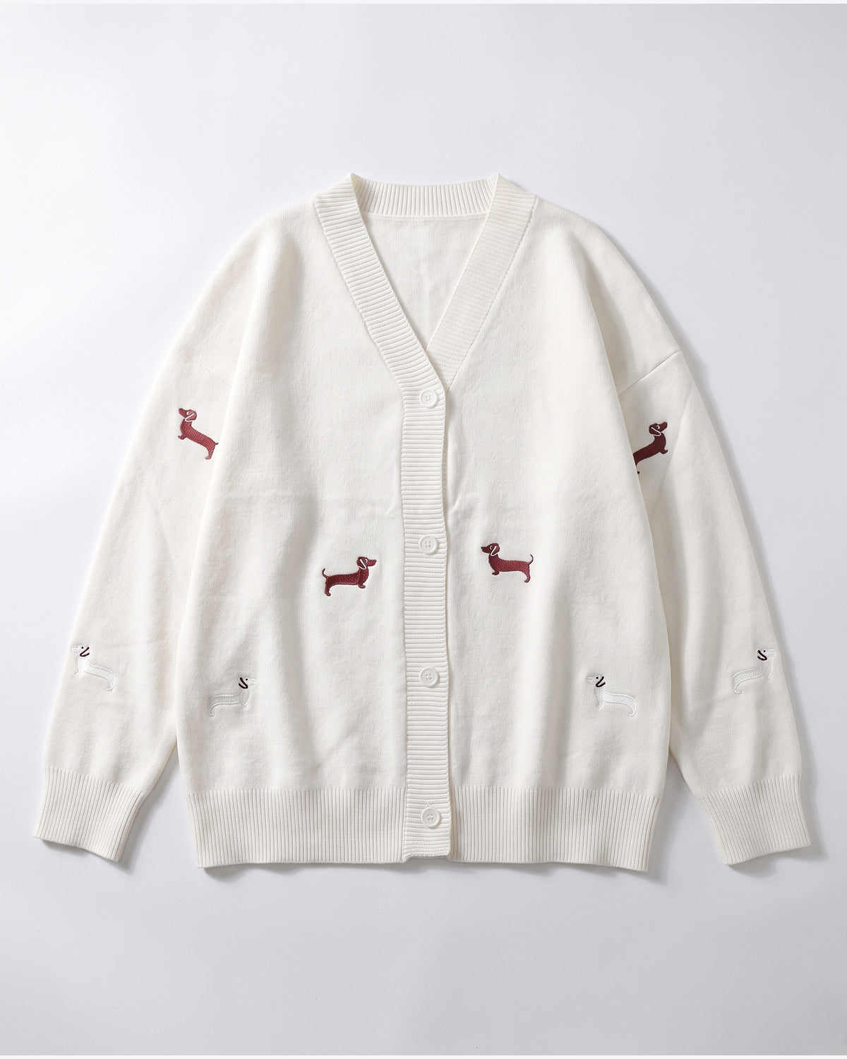 Cute Dachshund Embroidered V Neck Cardigan Sweater - flat lay (Off-white)