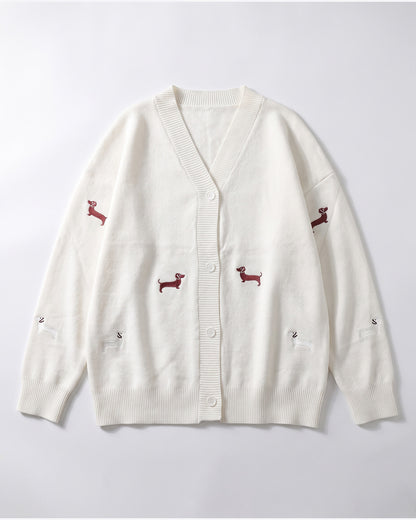 Cute Dachshund Embroidered V Neck Cardigan Sweater - flat lay (Off-white)