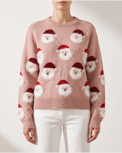 Cute Fuzzy Santa Christmas Pullover Sweater in Dusty Pink