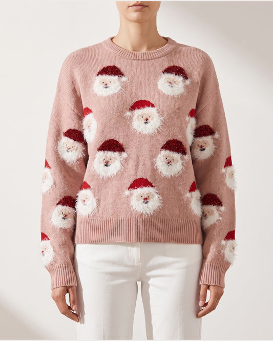 Cute Fuzzy Santa Christmas Pullover Sweater in Dusty Pink