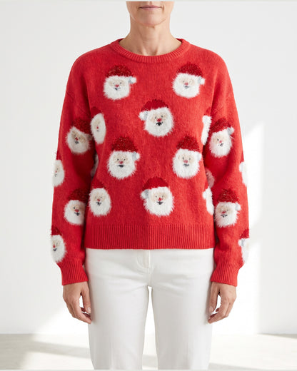 Cute Fuzzy Santa Christmas Pullover Sweater in Red