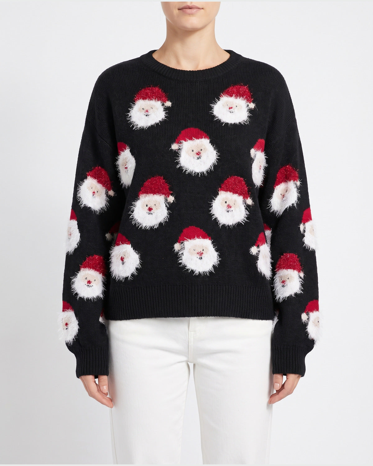 Cute Fuzzy Santa Christmas Pullover Sweater in Black